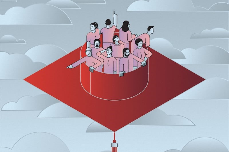 An illustration of ten people dressed in pink standing on a red, upside down mortar board and trying to navigate while floating in the sky.