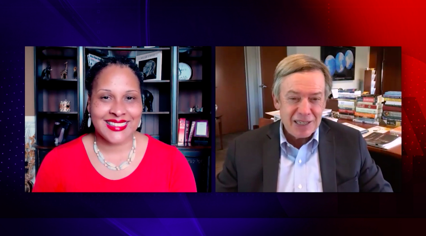 Eleanor Seaton and Michael Crow Professor Eleanor Seaton and Dr. Michael Crow talk in side-by-side frames on Zoom