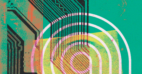Artist rendering of a microchip An artist's close-up rendering of a microchip in green, black, orange and yellow