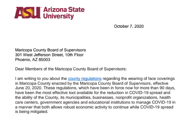 Maricopa County Board of Supervisors Face Coverings Letter