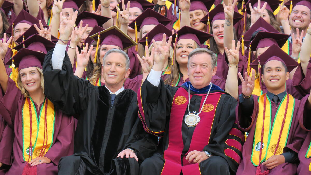 Howard Schultz of Starbucks, ASU President Michael Crow and SCAP graduates