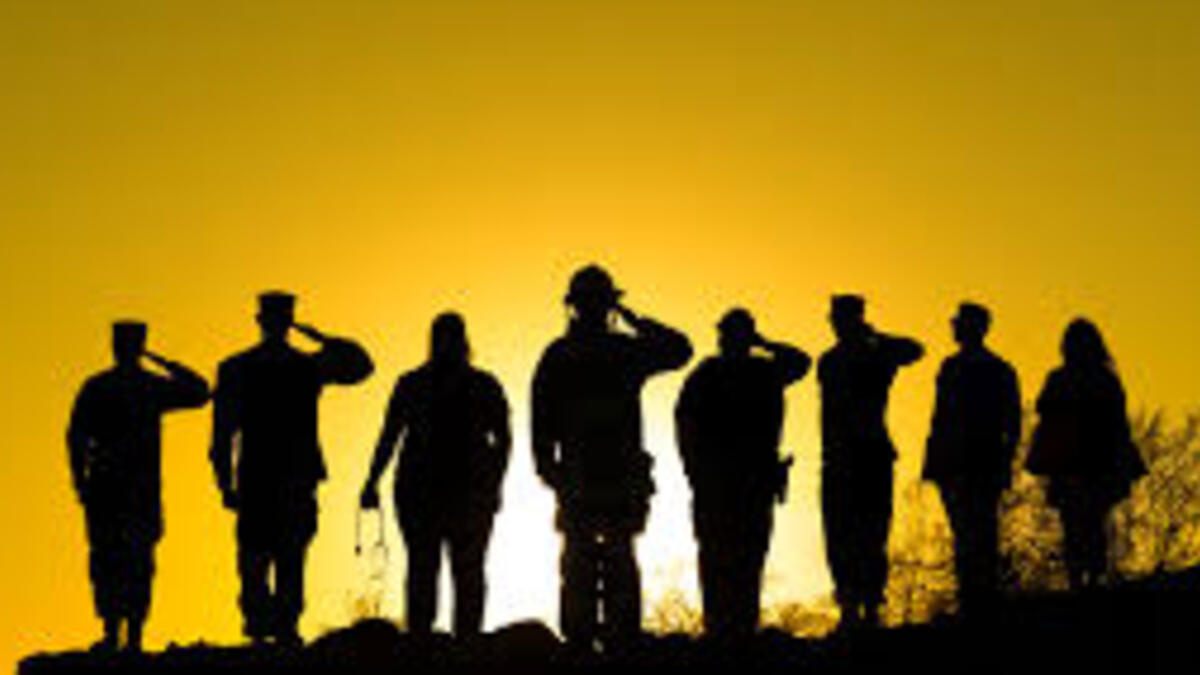 Eight people representing the branches of the Armed Forces stand saluting in shadow against a gold sunrise.