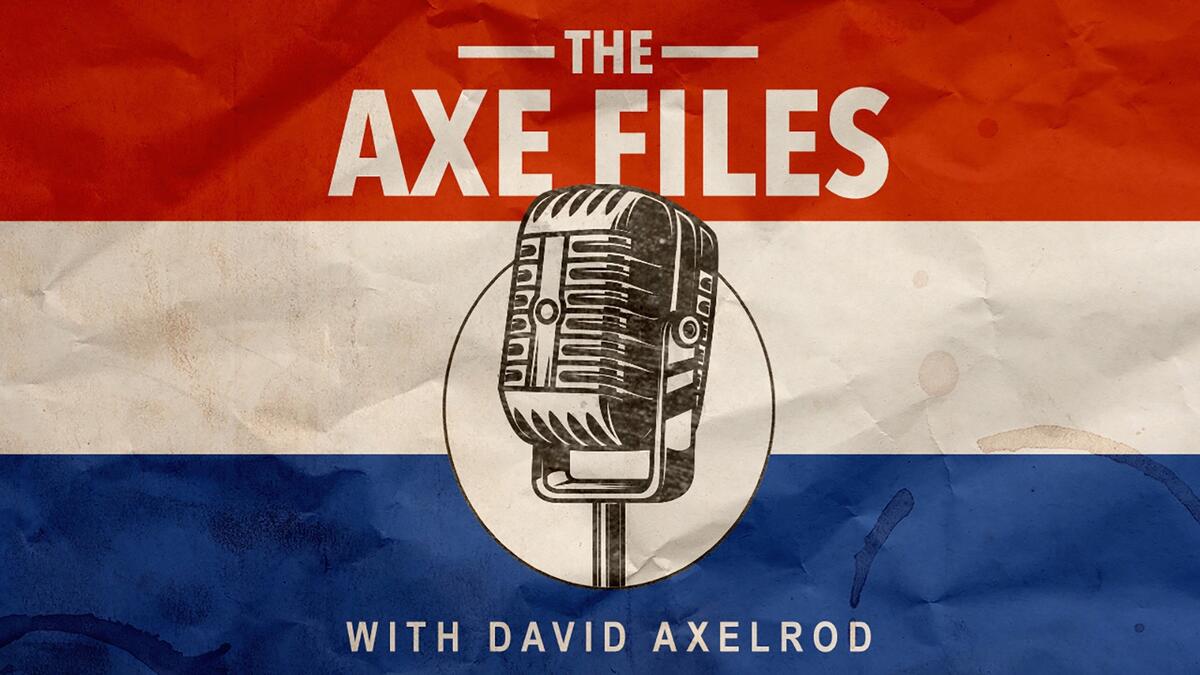 An illustration of an old fashioned microphone sits in the center of a red, white and blue backdrop resembling wrinkled, stained paper. It is titled "The Axe Files with David Axelrod."