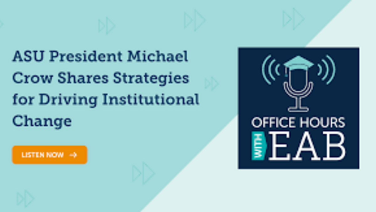 The EAB "Office Hours" podcast logo is an illustration of a standing microphone wearing a mortar board.