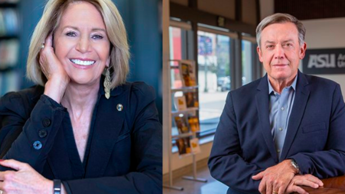 Side-by-side head shots of two science and technology policy leaders and authors smiling and dressed in dark clothing.