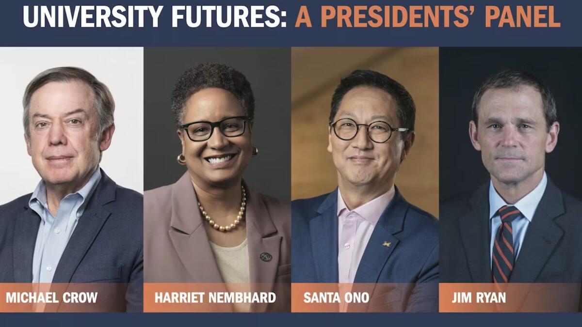 Headshots of four university leaders speaking on a panel about the future of higher education.
