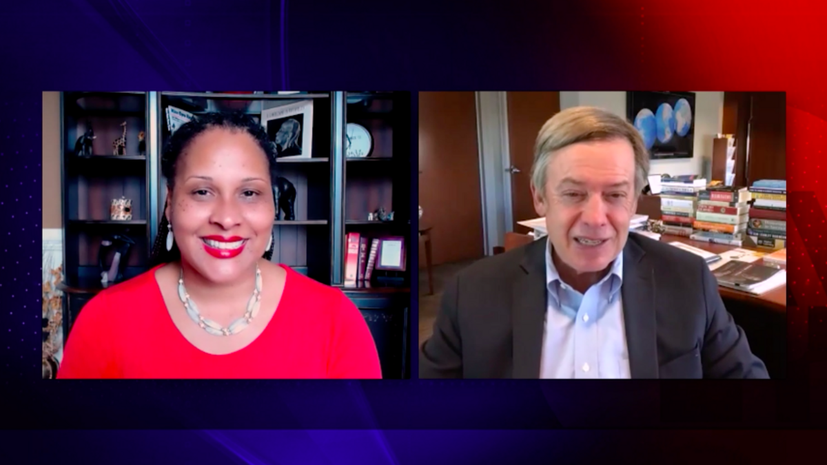 Professor Eleanor Seaton and Dr. Michael Crow talk in side-by-side frames on Zoom