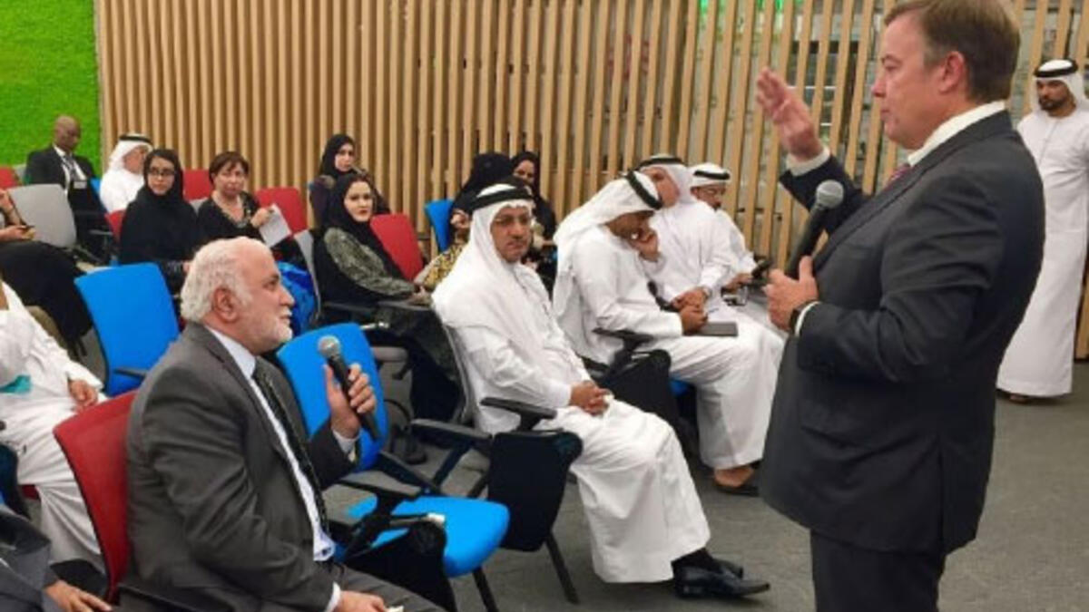ASU President Michael Crow gives remarks at the Dubai Health Authority in the UAE, 2016.