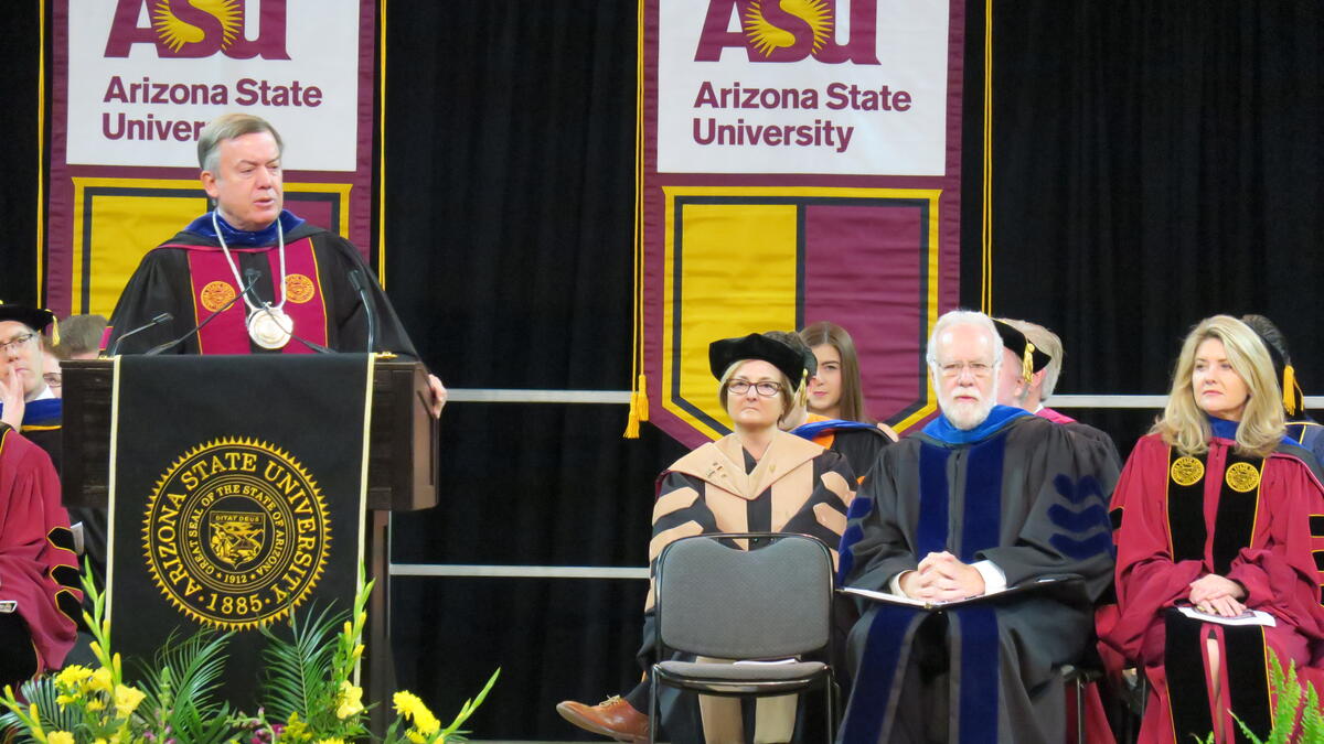 ASU President Michael Crow, WPC Dean Amy Hillman, University Provost Mark Searle, ABOR President Eileen Klein