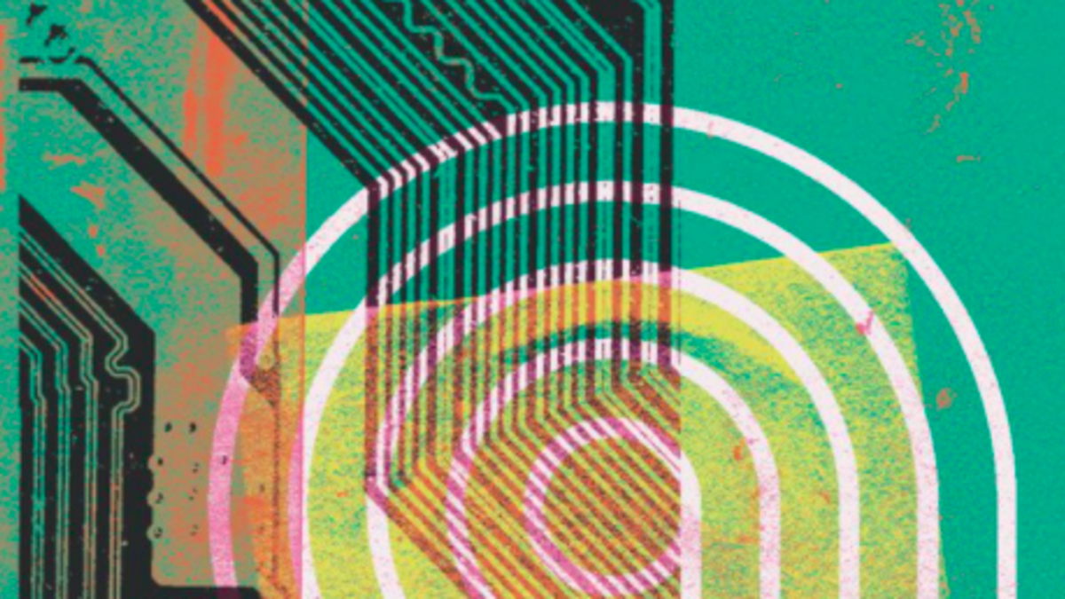 An artist's close-up rendering of a microchip in green, black, orange and yellow