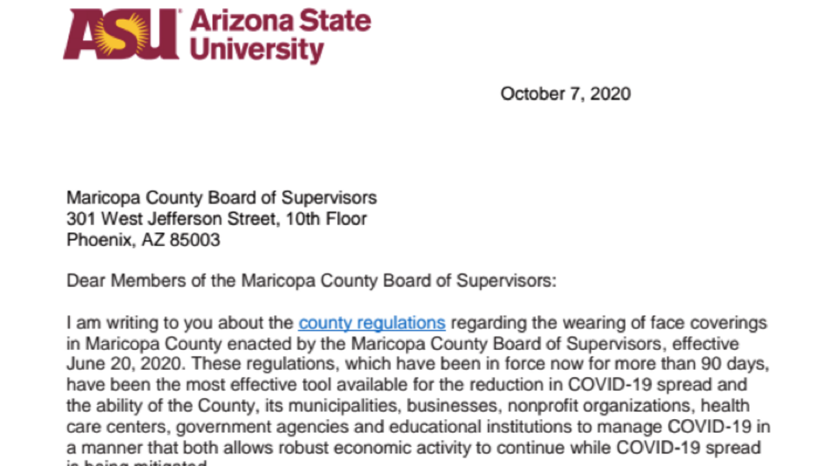 Maricopa County Board of Supervisors Face Coverings Letter