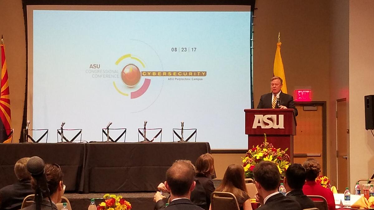 ASU President Michael Crow welcomes members and staff to the ASU Congressional Conference on Cybersecurity