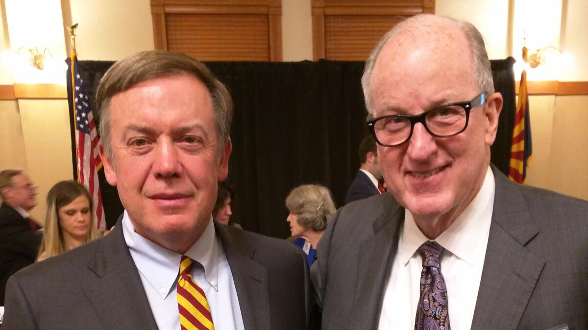 William Harris of Science Foundation Arizona honors ASU President Michael Crow at the 2nd annual Erich Bloch Lecture.