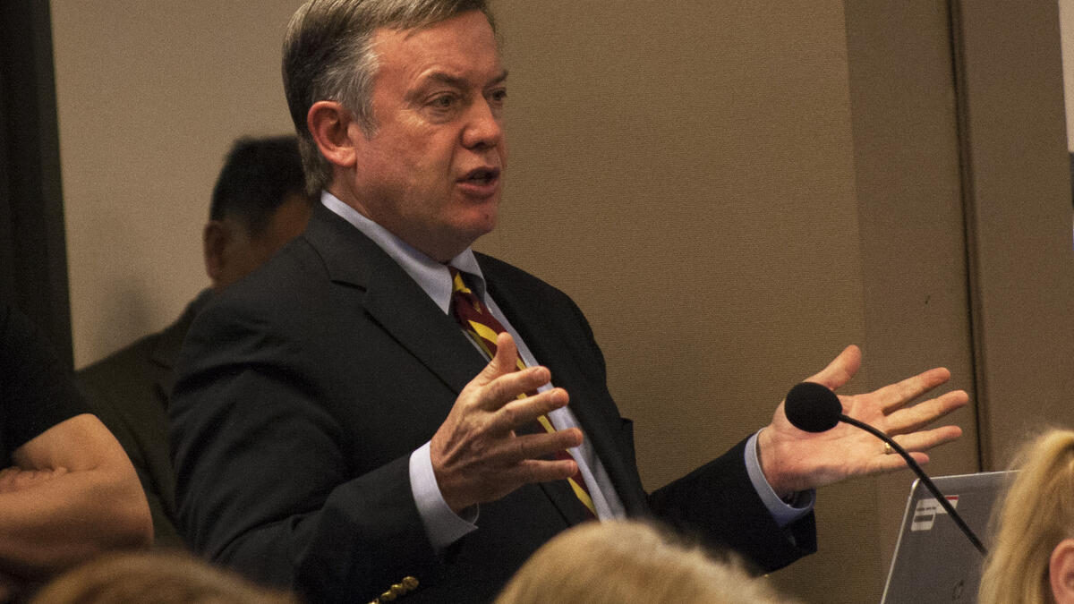 ASU President Michael Crow testifies before the Arizona Senate Appropriations Committee