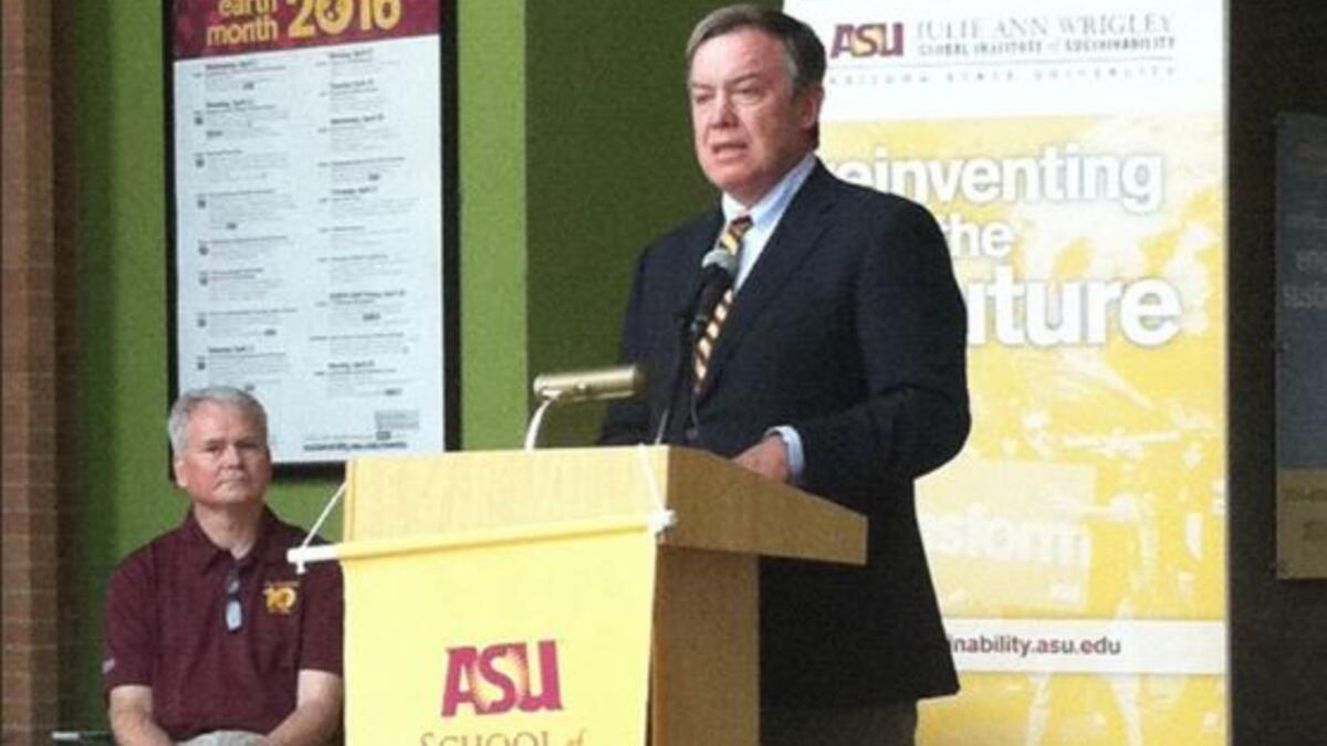 ASU President Michael Crow speaks at the 10th anniversary celebration of the ASU School of Sustainability