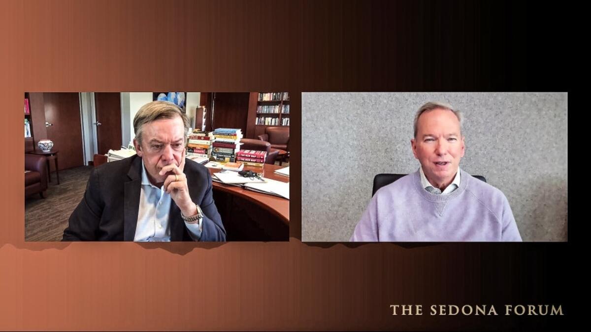 Michael Crow and Eric Schmidt speak side-by-side on-screen via Zoom