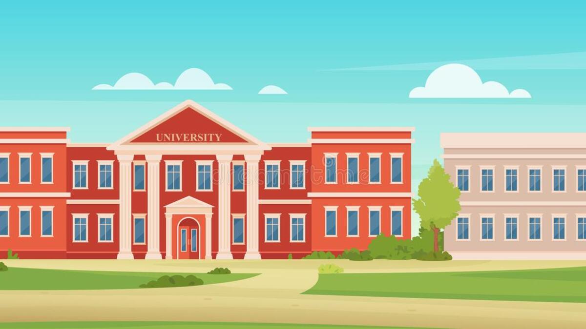 An illustrated traditional brick building labeled "university" surrounded by trees and under a blue sky. 