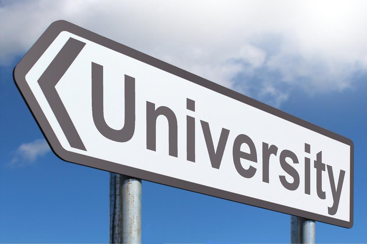 University Road Sign A European-style road sign reading "University" against a backdrop of a partly cloudy sky